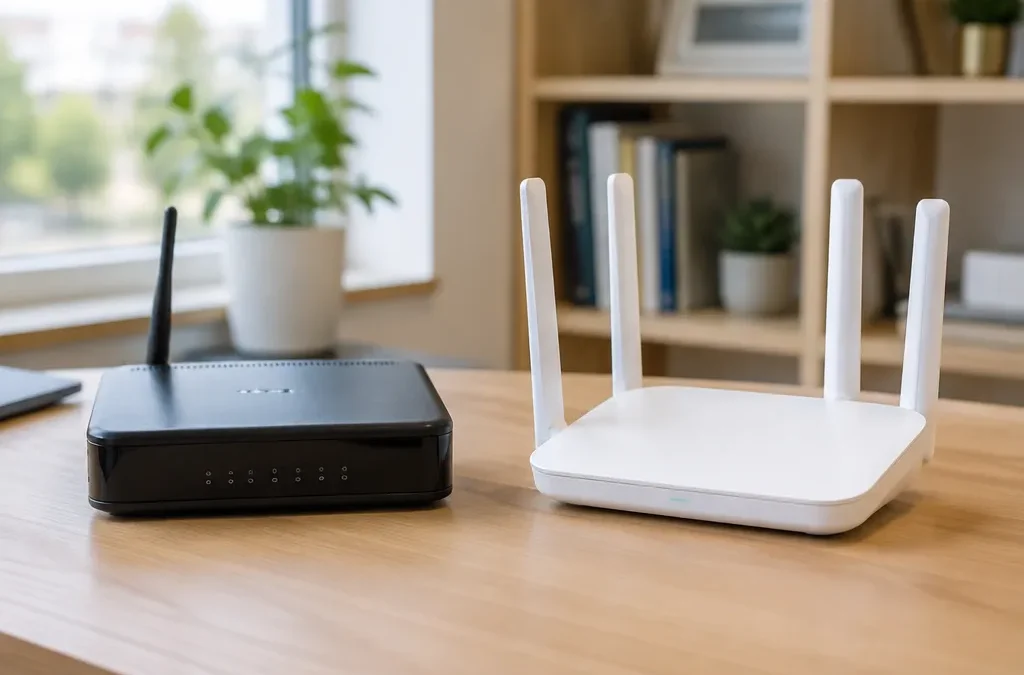 Older and newer wireless routers side by side on a desk in a bright home office