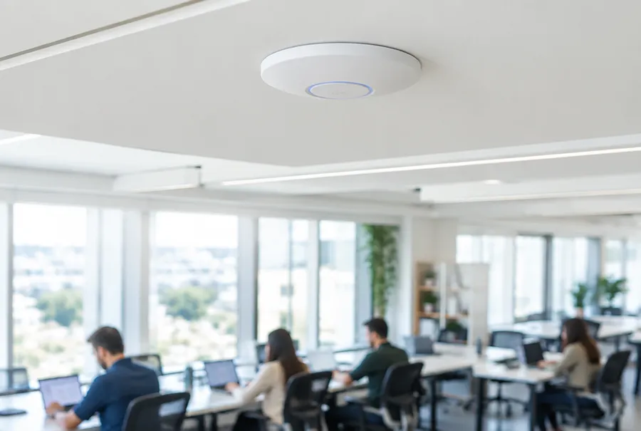 Wireless access point mounted on the ceiling of a bright open-plan office