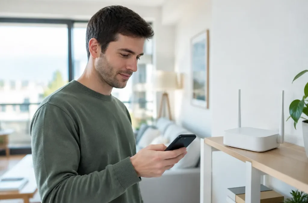 Man checking WiFi signal on a smartphone next to a router in a bright apartment