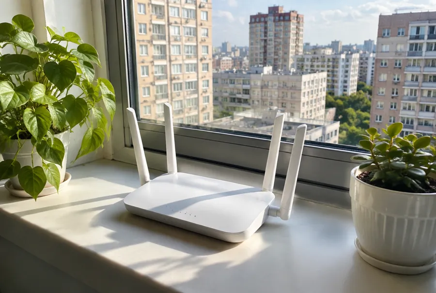 White router on a windowsill of a city apartment with neighboring buildings visible outside