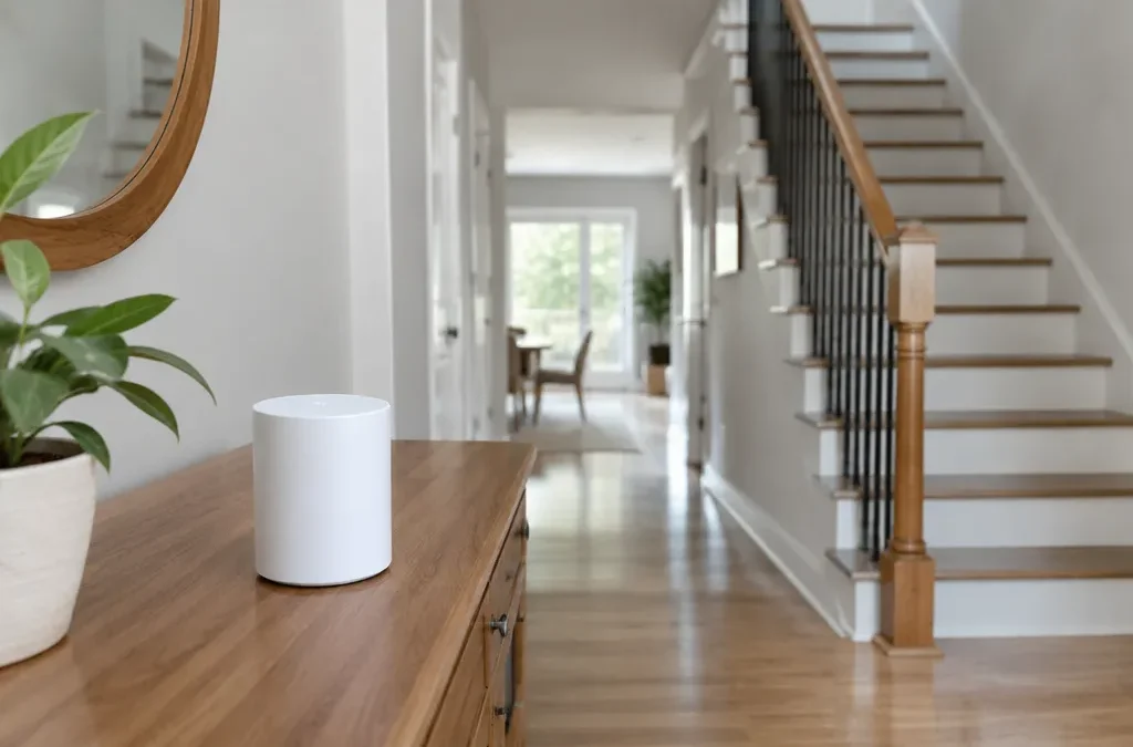 Small white mesh WiFi node on a hallway sideboard in a bright two-story house