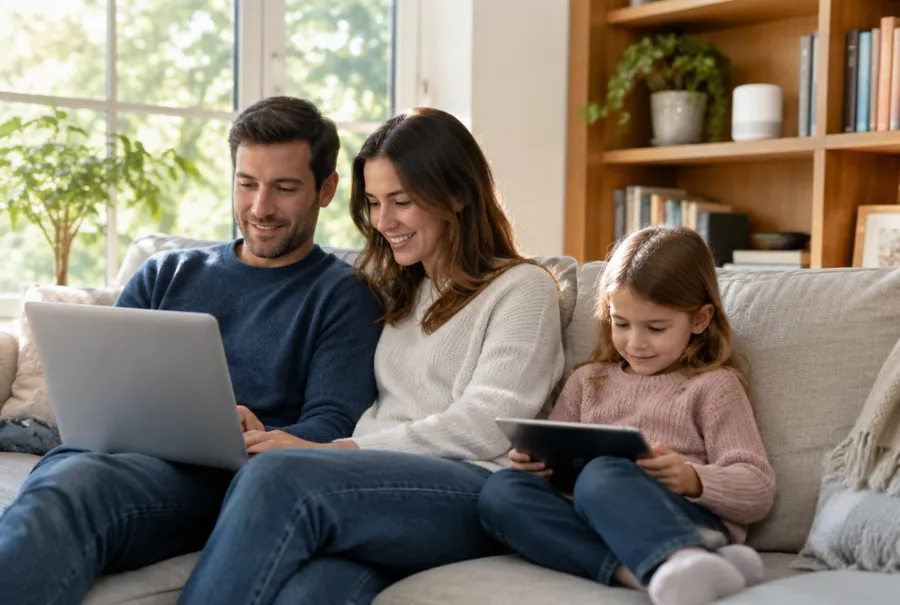 Family on a sofa using a tablet and laptop with a small white mesh node on a shelf nearby