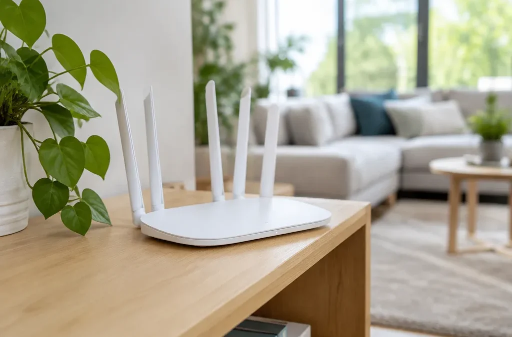 Modern white WiFi router with antennas on a wooden shelf in a bright living room