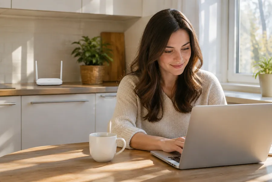 Young woman working on a laptop at a kitchen table with a router on the counter behind her